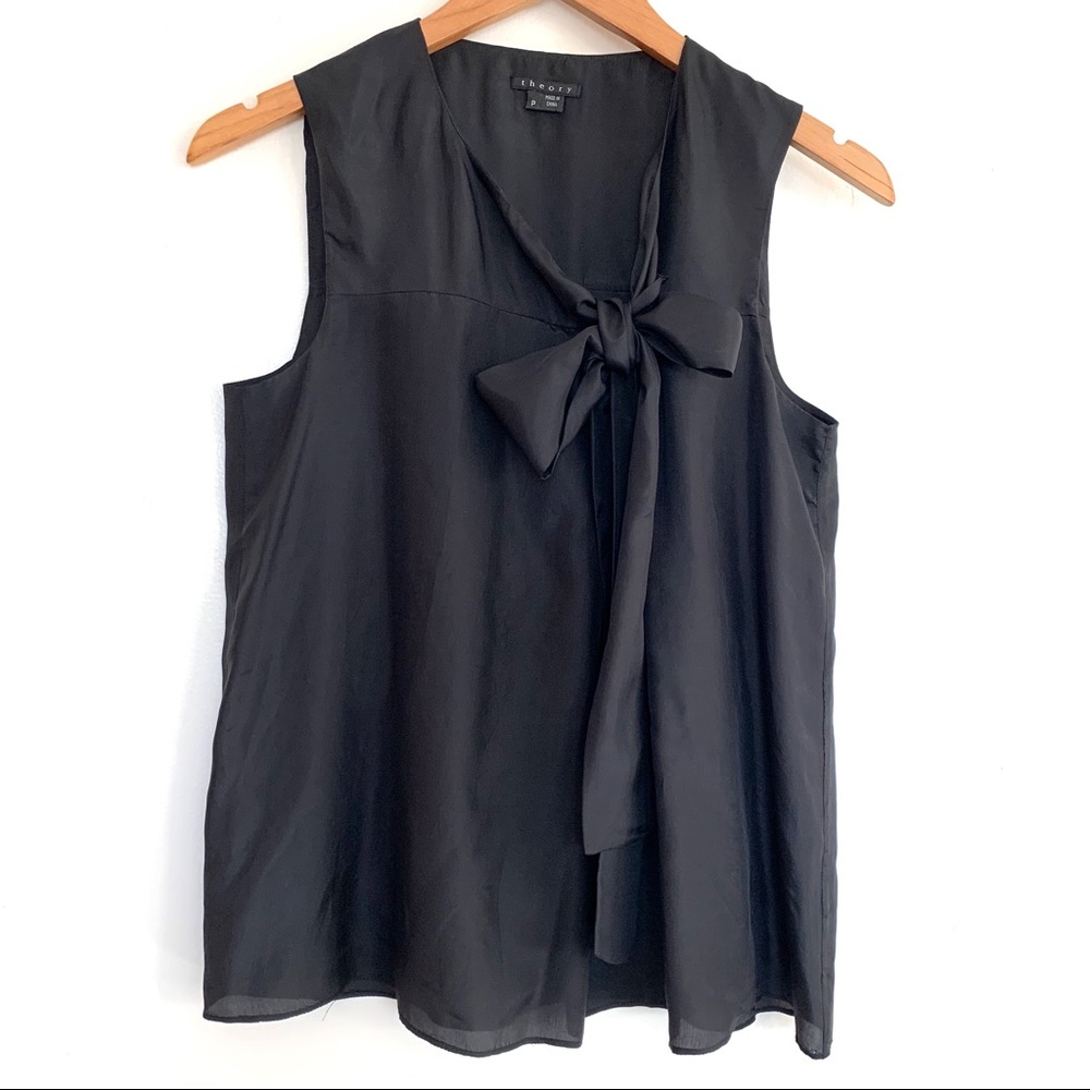 Theory Black Silk Sleeveless Tie Neck Top Blouse